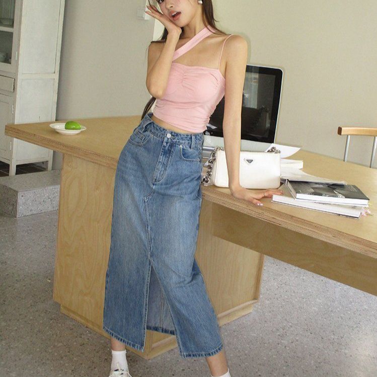 봄 여름 스트릿 데일리 워싱 하이웨스트 H라인 앞트임 데님 롱스커트 청치마 블루 - 상세 이미지 3