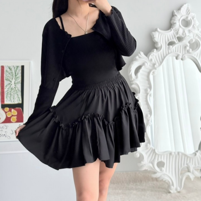 언발 프릴 플레어 밴딩 러플 캉캉 스커트