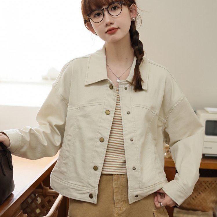 봄 가을 루즈핏 데일리 캐주얼 면 자켓 기본템 싱글버튼 카라 코튼 점퍼 아이보리 - 상세 이미지 2