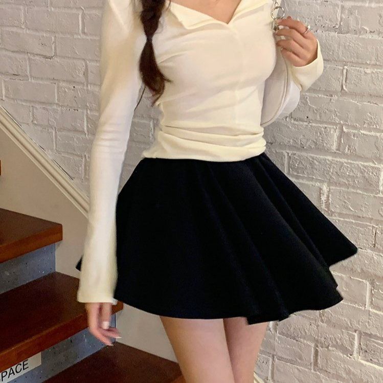 봄 데일리 코튼 스판 A라인 플레어 밴딩 미니스커트 블랙 베이지 - 상세 이미지 4