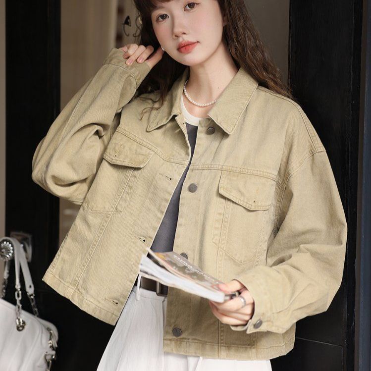루즈핏 카라 포켓 면 자켓 싱글 버튼 간절기 캐주얼 아우터 봄 가을 카키 - 상품 이미지