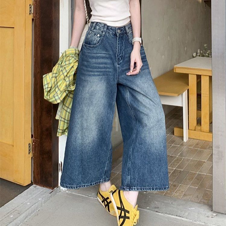 봄 여름 여성 데일리 하이웨스트 8부 와이드 데님 팬츠 빈티지 워싱 캐주얼 통바지 블루
