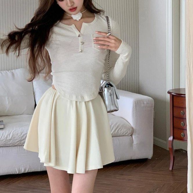 봄 데일리 코튼 스판 A라인 플레어 밴딩 미니스커트 블랙 베이지 - 상세 이미지 3