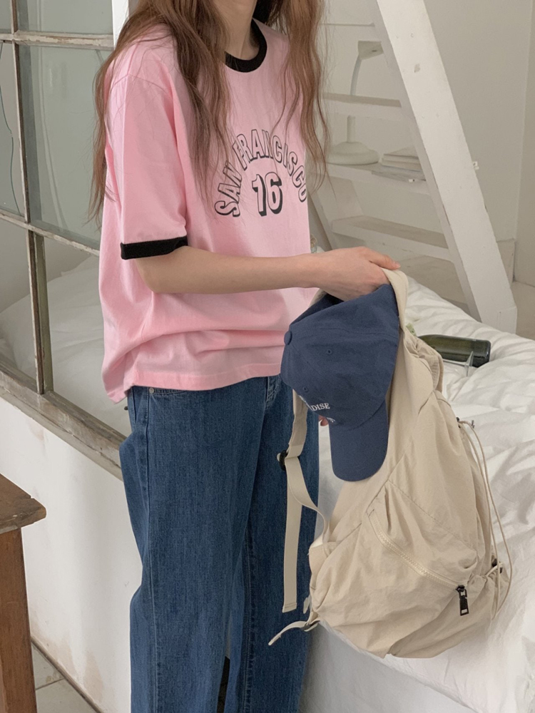 루즈핏 배색 샌프란시스코 레터링 프린팅 티셔츠 여름 여성 티셔츠 면 라운드 여자 반팔티 - 상세 이미지 3