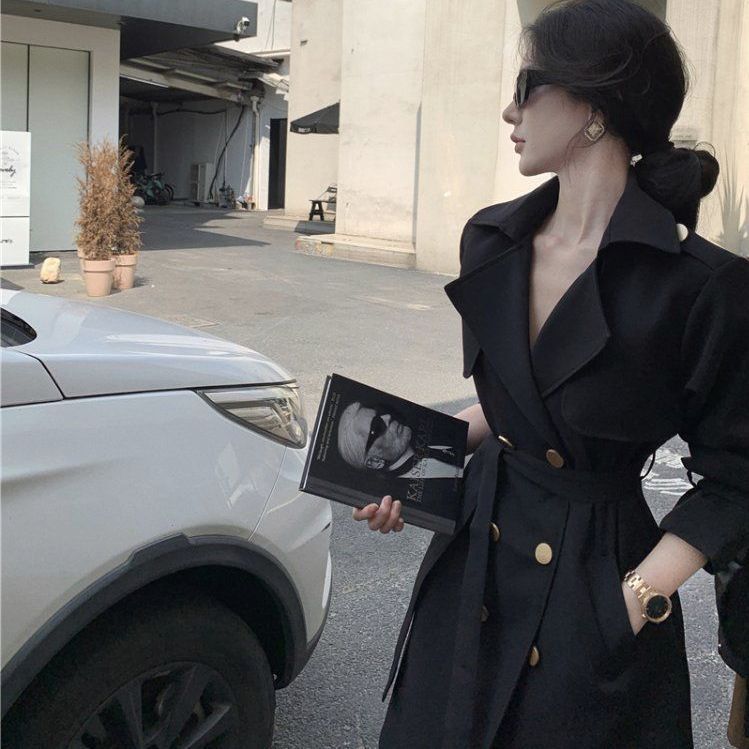 여성 봄 가을 베이직 더블 버튼 벨티드 미디 트렌치 코트 블랙 다크카키 카키 - 상품 이미지