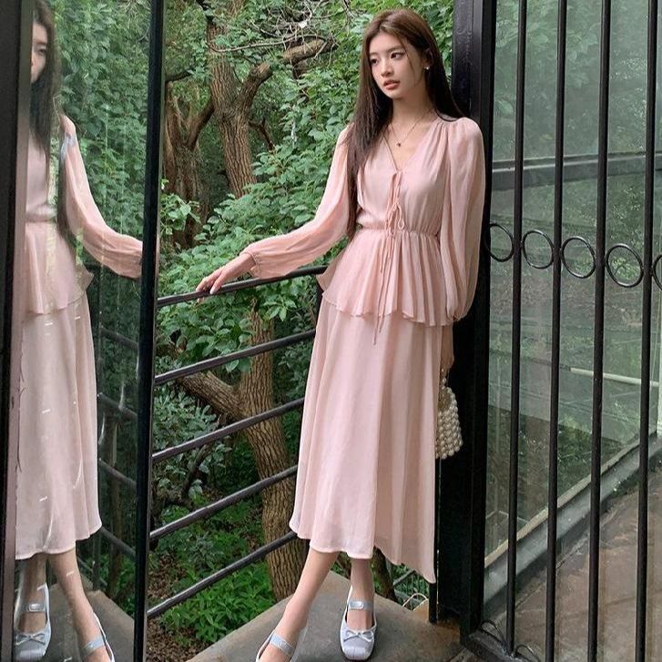 여성 브이넥 쉬폰 캉캉 티어드 러플 리본 허리 스트링 긴팔 롱 원피스 봄 가을 핑크