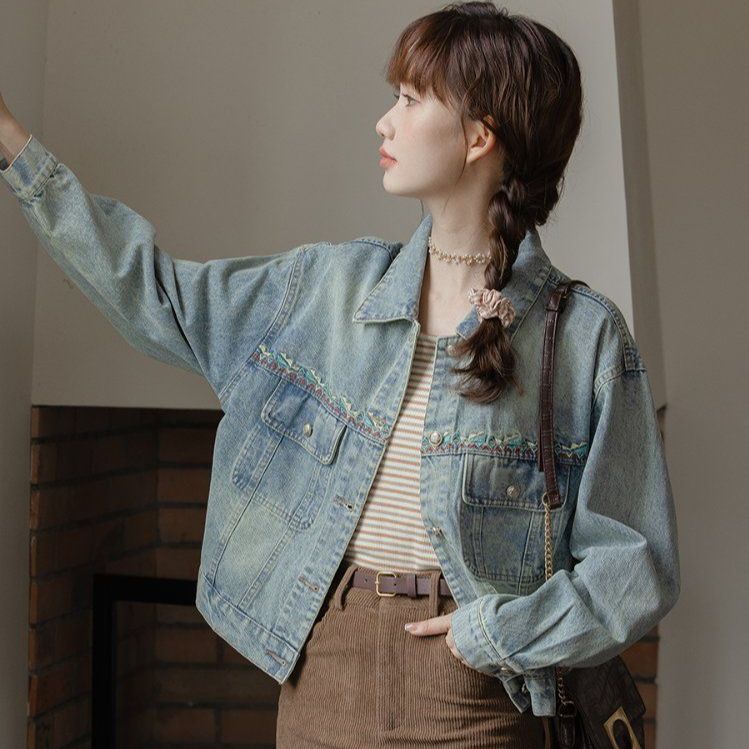 자수 루즈핏 데님 청자켓 빈티지 워싱 포켓 카라 간절기 아우터 봄 가을 빈티지블루 - 상세 이미지 2