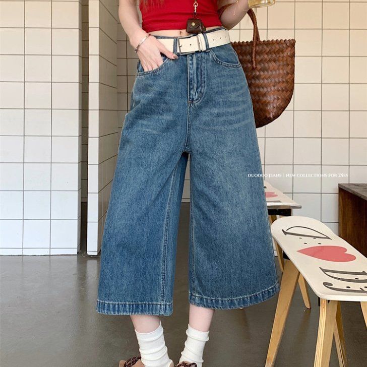 여성 봄 여름 하이웨스트 와이드핏 7부 빈티지 워싱 루즈핏 데님 카프리 팬츠 청바지 블루