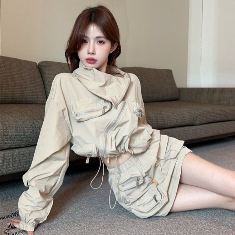 하이넥 사선 지퍼 크롭 자켓 카고 미니 스커트 투피스 세트 테크웨어 Y2K 스트릿룩 - 상세 이미지 3