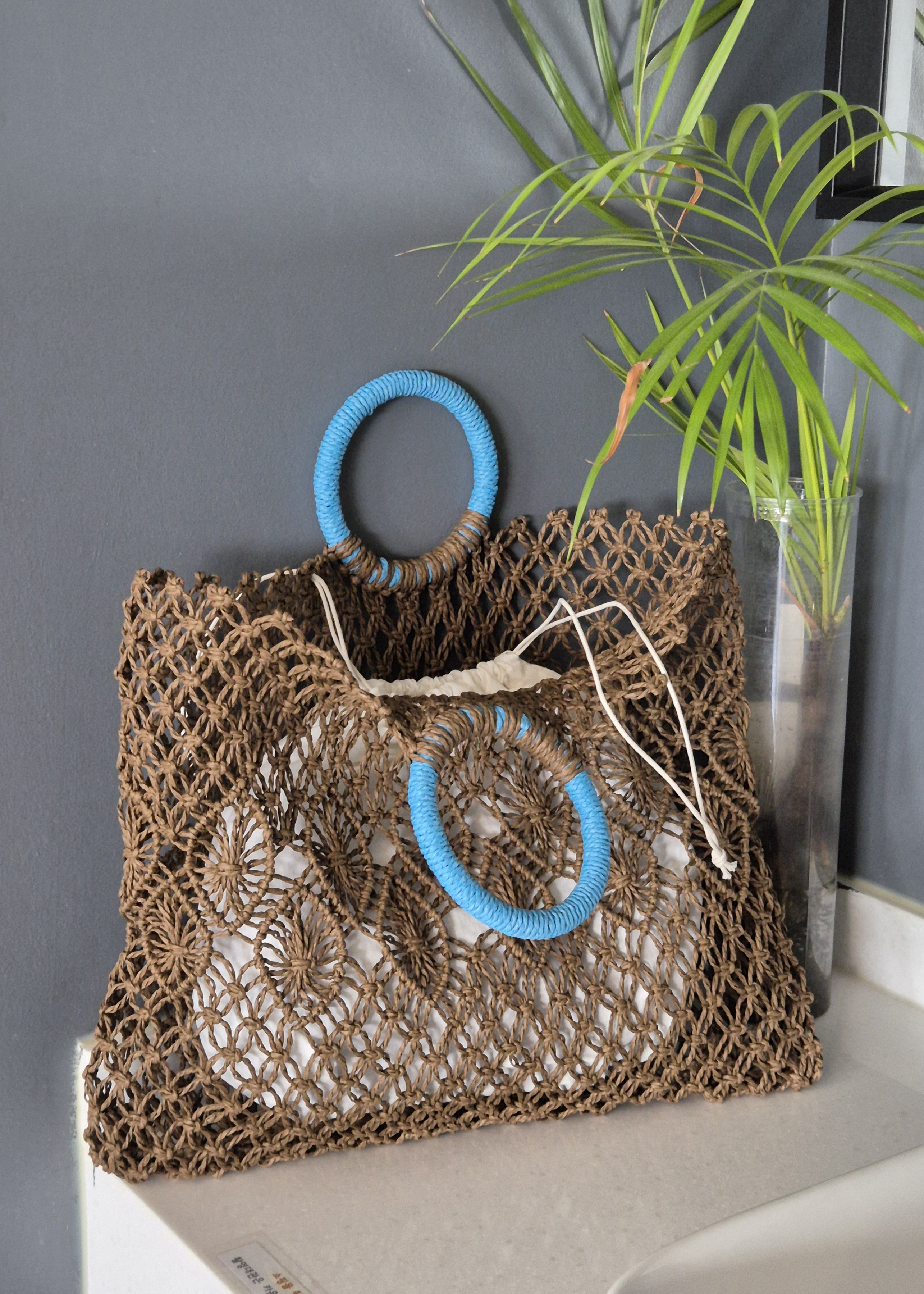 리햅 네이라 블루 핸들 네트 라탄백 핸드메이드 썸머 비치 토트 가방