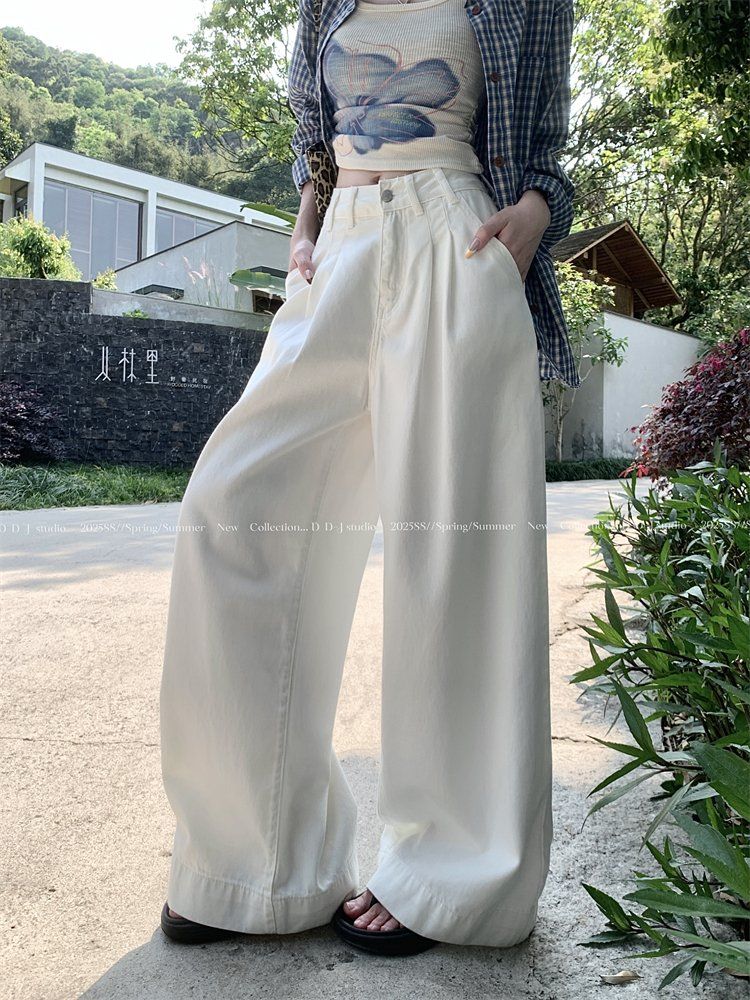 봄 여름 여성 하이웨스트 루즈핏 롱 핀턱 면 와이드 팬츠 바지 화이트 - 상세 이미지 4