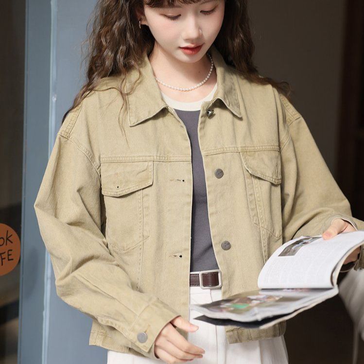 루즈핏 카라 포켓 면 자켓 싱글 버튼 간절기 캐주얼 아우터 봄 가을 카키 - 상세 이미지 3