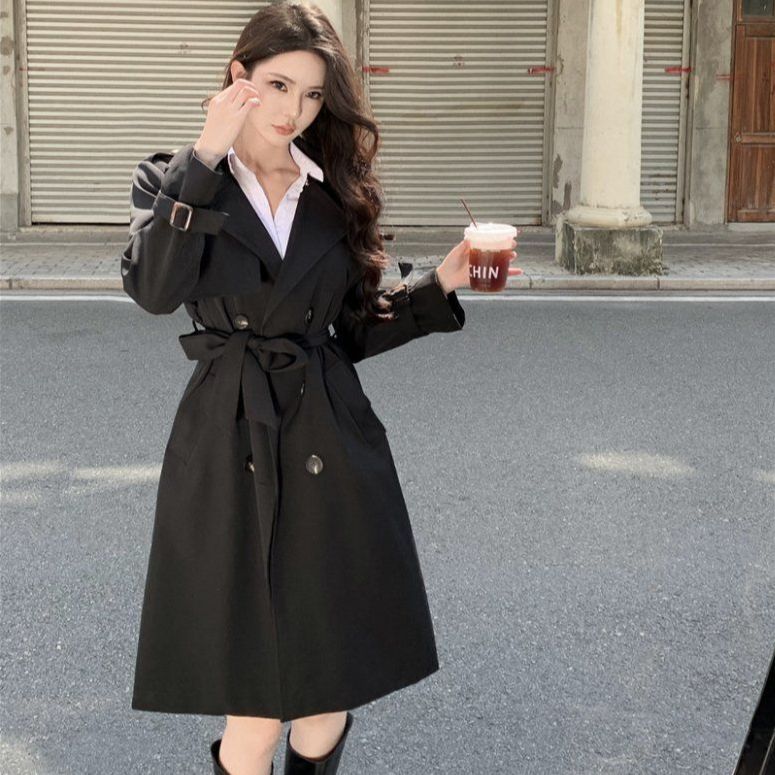 여성 봄 가을 베이직 더블 버튼 벨티드 미디 트렌치 코트 블랙 카키 - 상품 이미지