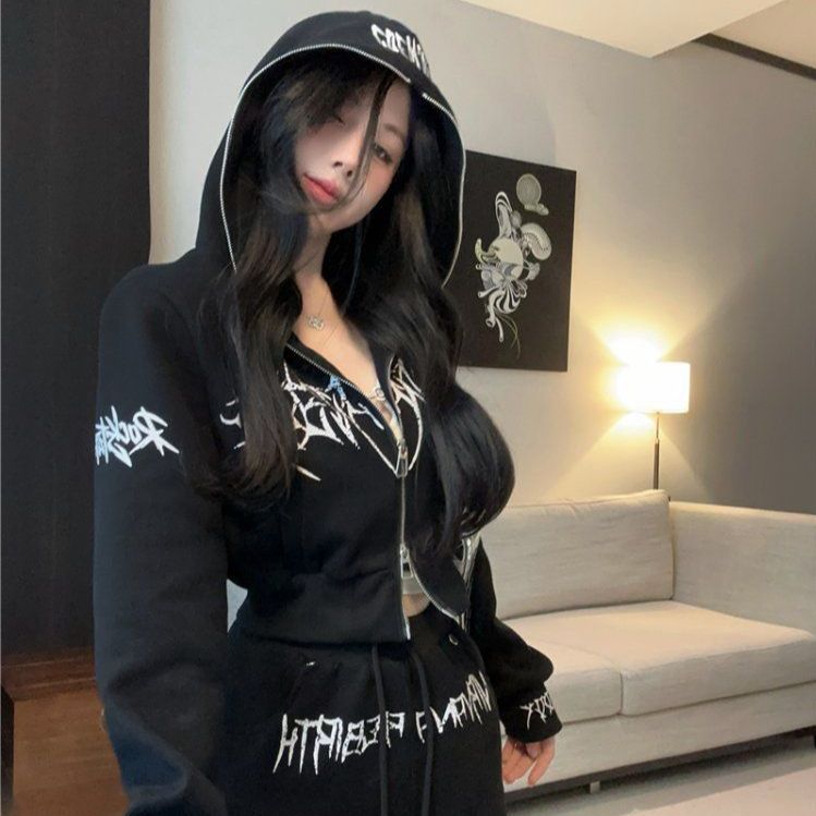 유니크 프린팅 Y2K 스트릿 크롭 후드 집업 미니 스커트 투피스 세트 힙스터룩 - 상세 이미지 4