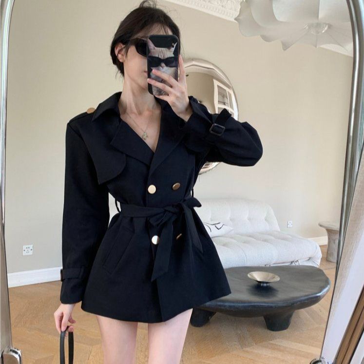 여성 봄 가을 더블 버튼 벨티드 숏 트렌치 코트 자켓 하객룩 블랙 카멜 카키 - 상품 이미지
