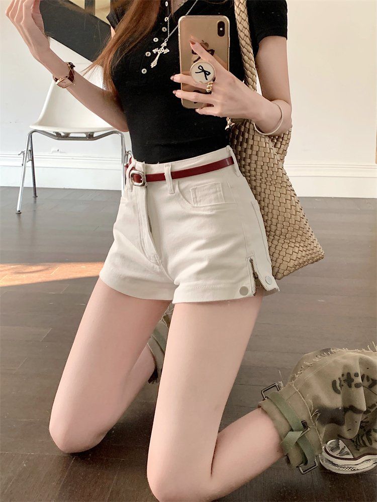 봄 여름 여성 하이웨스트 코튼 숏팬츠 옆지퍼 트임 슬림핏 반바지 화이트 블랙 - 상세 이미지 2