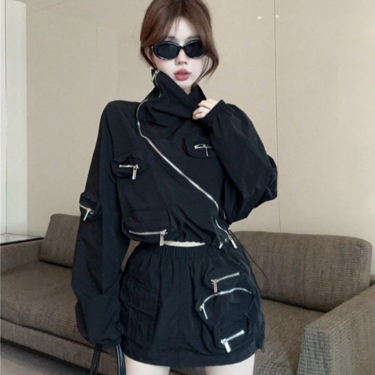 하이넥 사선 지퍼 크롭 자켓 카고 미니 스커트 투피스 세트 테크웨어 Y2K 스트릿룩 - 상세 이미지 4
