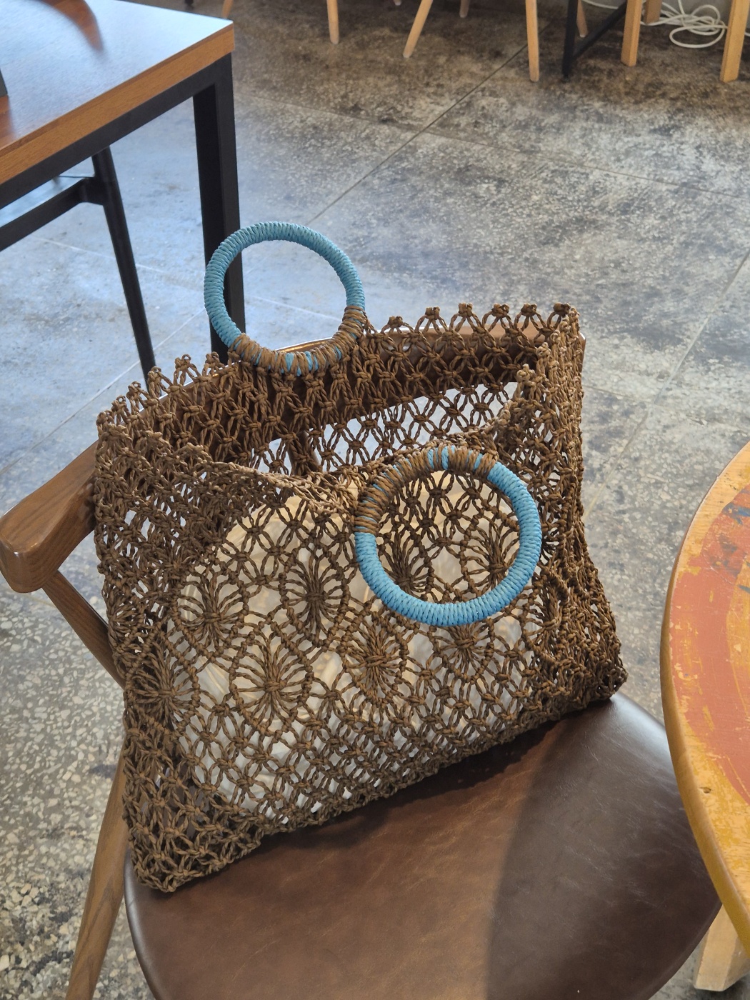 리햅 네이라 블루 핸들 네트 라탄백 핸드메이드 썸머 비치 토트 가방