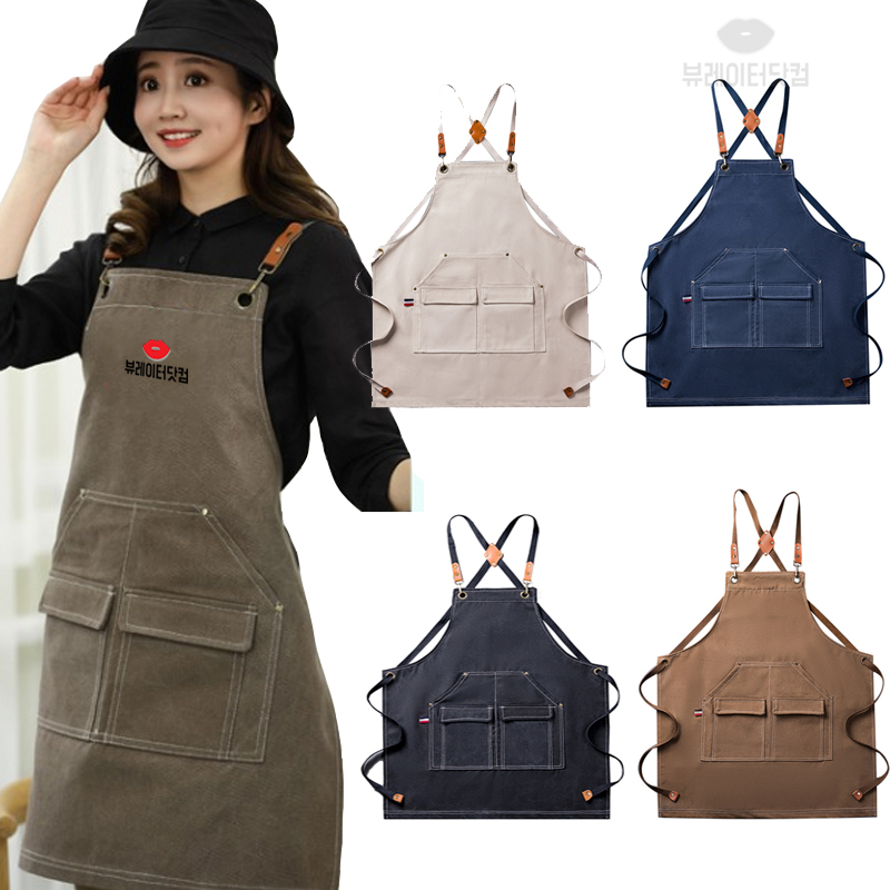 뷰레이터닷컴 라벨르 두꺼운 데님 캔버스 생활방수 앞치마 바리스타 카페 공방 고급 앞치마