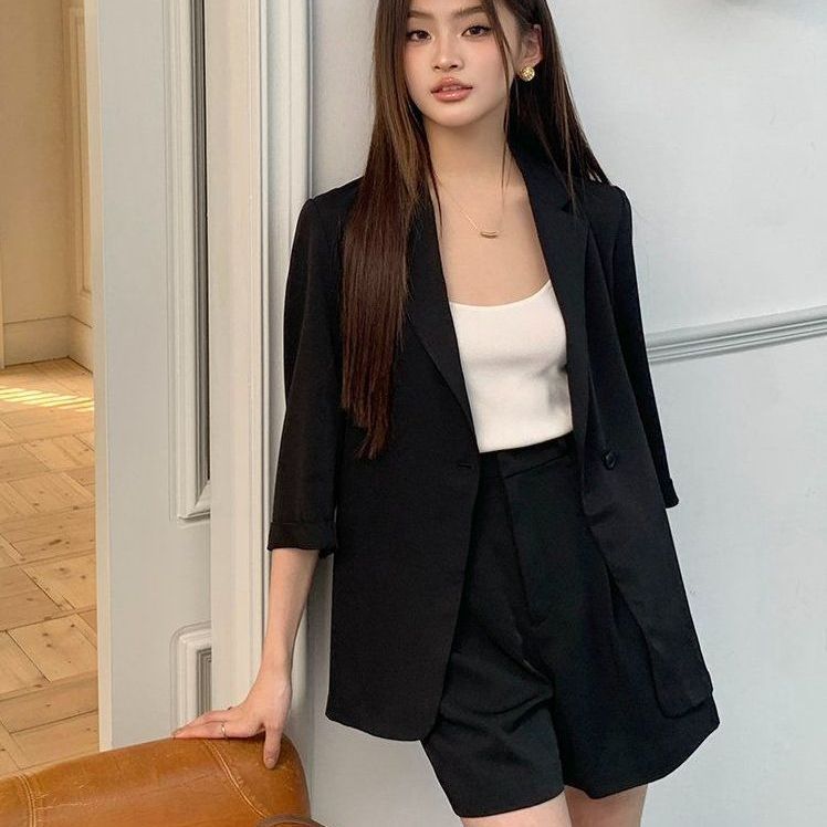 봄 여름 데일리 7부소매 싱글버튼 자켓 핀턱 반바지 정장세트 블랙 라이트그린