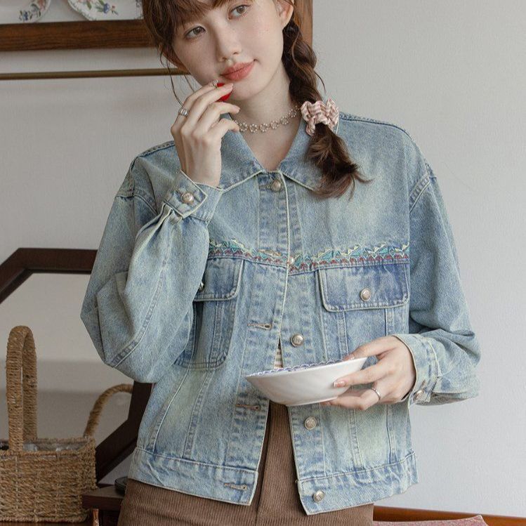 자수 루즈핏 데님 청자켓 빈티지 워싱 포켓 카라 간절기 아우터 봄 가을 빈티지블루 - 상세 이미지 4