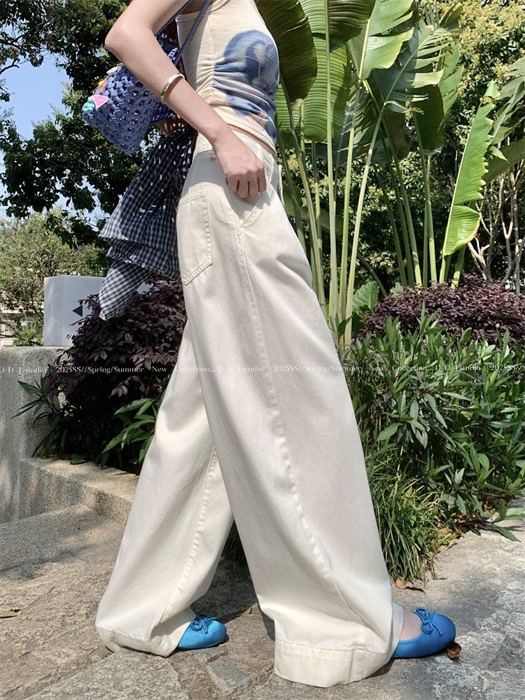 봄 여름 여성 하이웨스트 루즈핏 롱 핀턱 면 와이드 팬츠 바지 화이트 - 상세 이미지 3