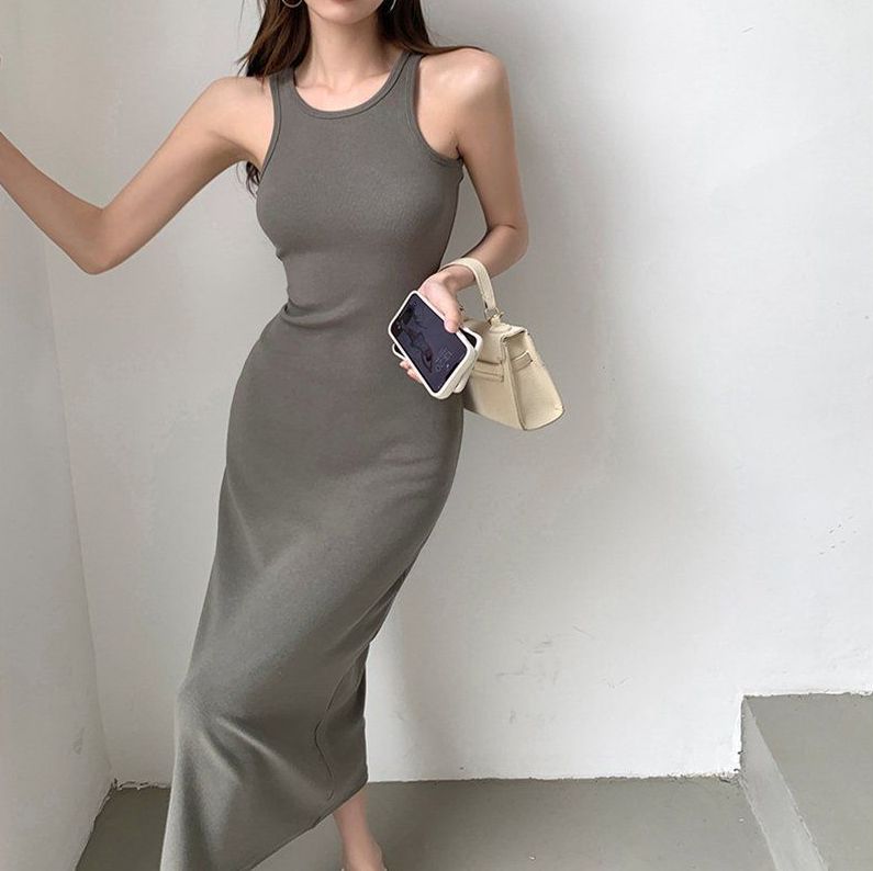 봄 여름 스트릿 홀터넥 레이서백 골지 슬림핏 H라인 미디 롱원피스 그레이 그린 블랙