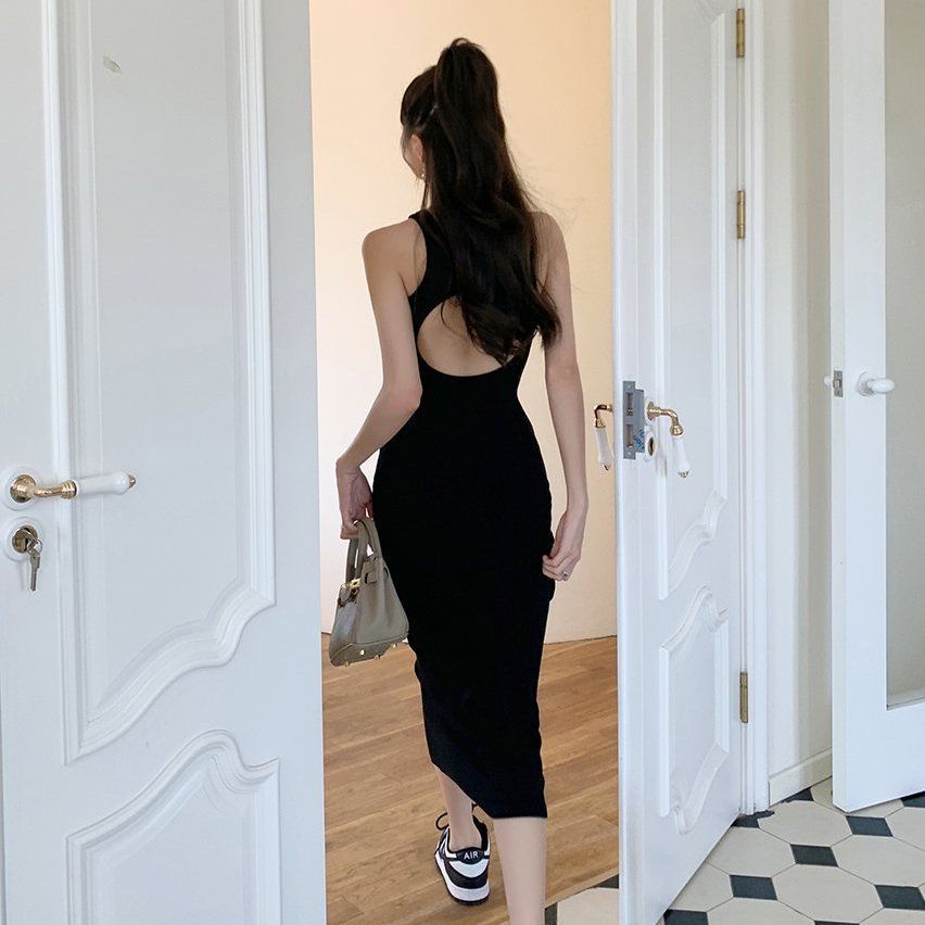 봄 여름 스트릿 홀터넥 레이서백 골지 슬림핏 H라인 미디 롱원피스 그레이 그린 블랙