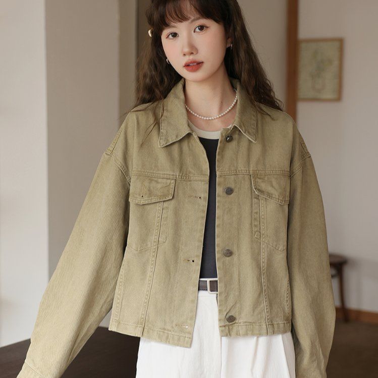 루즈핏 카라 포켓 면 자켓 싱글 버튼 간절기 캐주얼 아우터 봄 가을 카키 - 상세 이미지 2