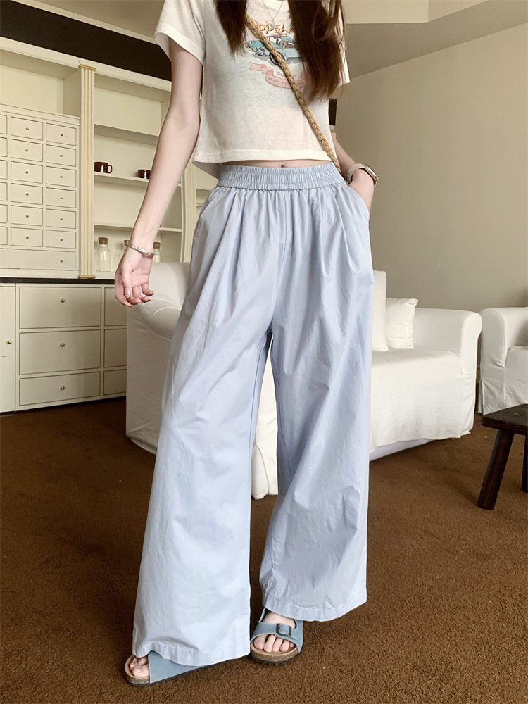 봄 여름 여성 하이웨스트 밴딩 9부 와이드 팬츠 핀턱 찰랑 바지 카키 블루 화이트 블랙 - 상세 이미지 2
