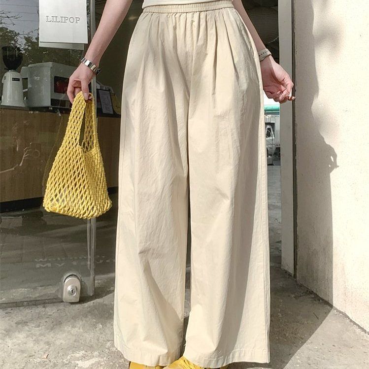 봄 여름 여성 하이웨스트 밴딩 9부 와이드 팬츠 핀턱 찰랑 바지 카키 블루 화이트 블랙 - 상품 이미지