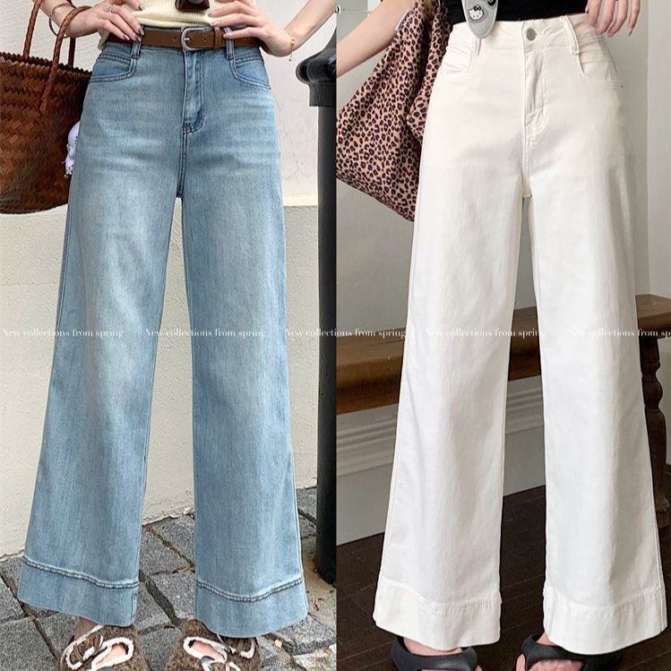 봄 여름 여성 하이웨스트 루즈핏 9부 롤업 와이드 데님 팬츠 면바지 라이트블루 화이트