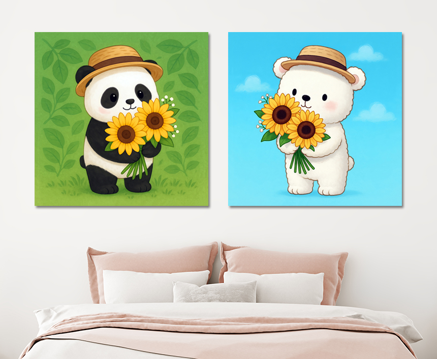 초록 판다곰 해바라기 그림 인테리어 액자 식물 아이방 아기방 꾸미기 소형 - 상세 이미지 5