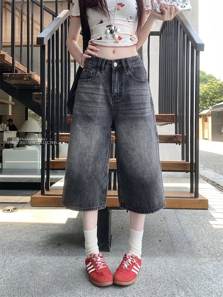 봄 여름 여성 하이웨스트 루즈핏 7부 와이드 데님 팬츠 카프리 청바지 블루 화이트 블랙 - 상세 이미지 3