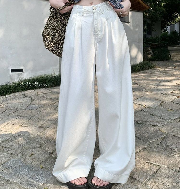 봄 여름 여성 하이웨스트 루즈핏 롱 핀턱 면 와이드 팬츠 바지 화이트 - 상품 이미지