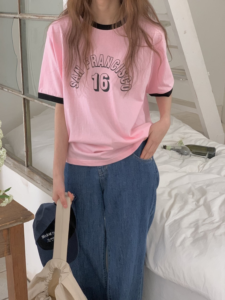루즈핏 배색 샌프란시스코 레터링 프린팅 티셔츠 여름 여성 티셔츠 면 라운드 여자 반팔티 - 상세 이미지 4