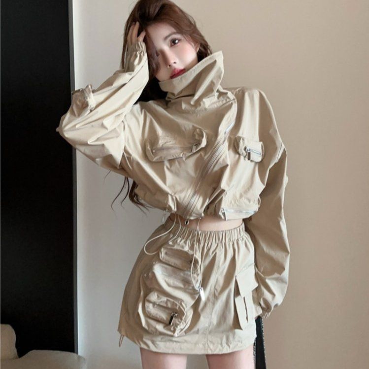 하이넥 사선 지퍼 크롭 자켓 카고 미니 스커트 투피스 세트 테크웨어 Y2K 스트릿룩 - 상세 이미지 2