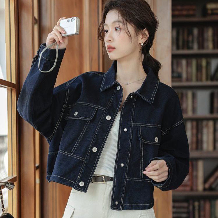 스티치 포켓 카라 데님 청자켓 싱글 버튼 베이직 간절기 캐주얼 아우터 봄 네이비 화이트 - 메인 이미지