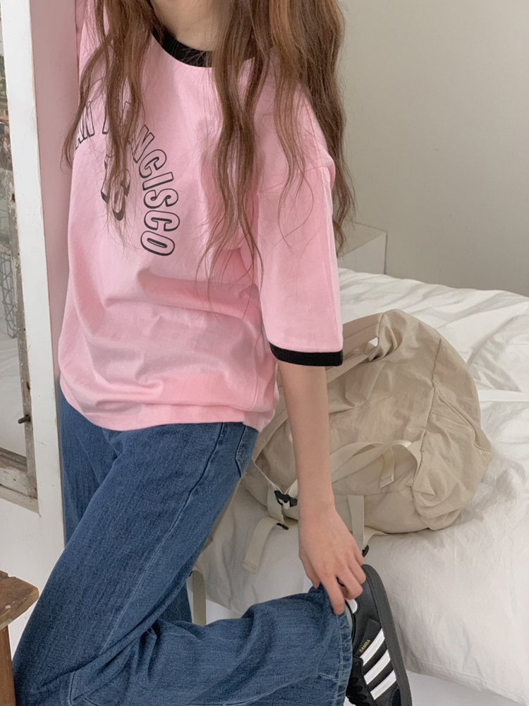 루즈핏 배색 샌프란시스코 레터링 프린팅 티셔츠 여름 여성 티셔츠 면 라운드 여자 반팔티 - 상세 이미지 5