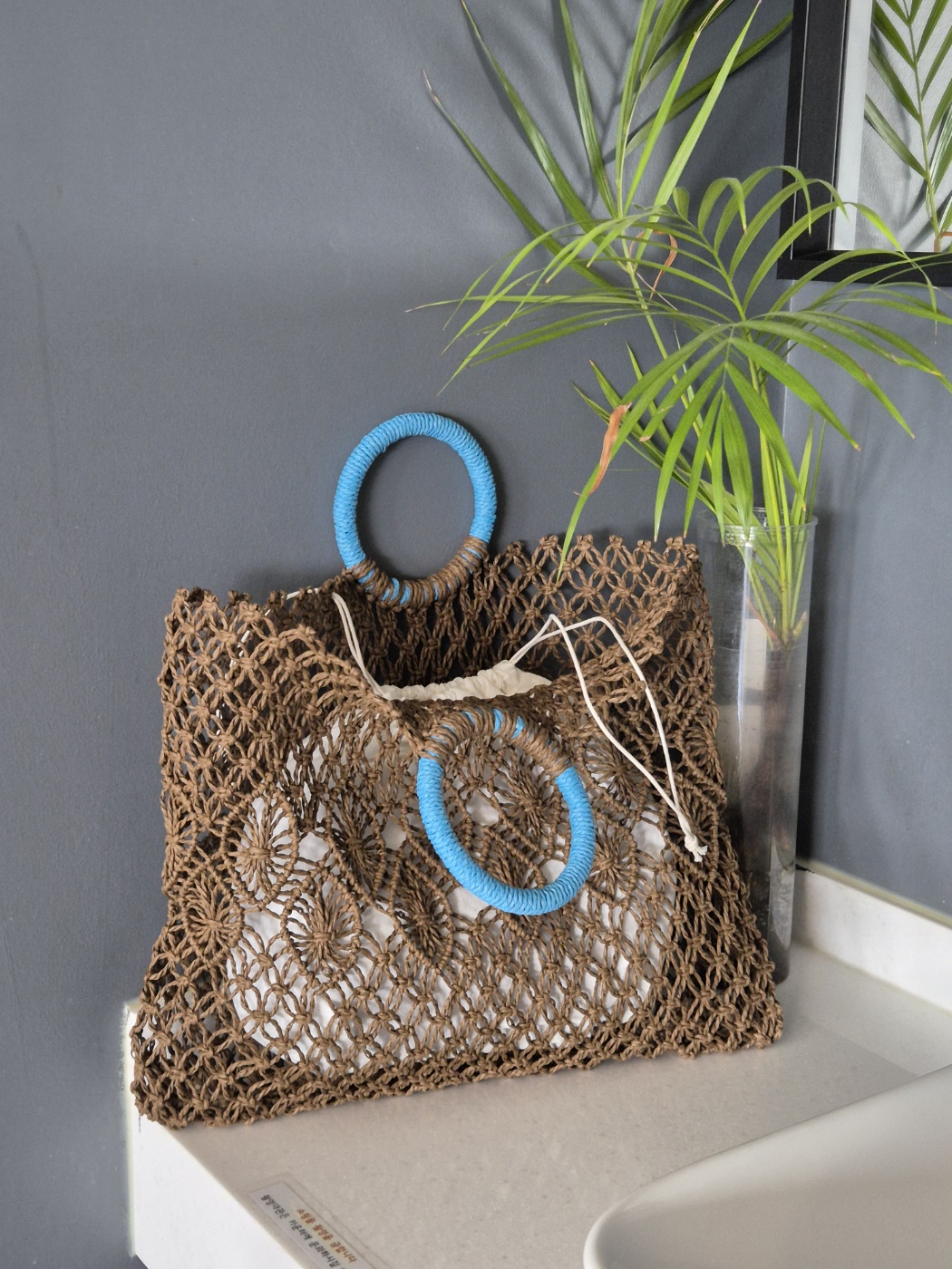 리햅 네이라 블루 핸들 네트 라탄백 핸드메이드 썸머 비치 토트 가방