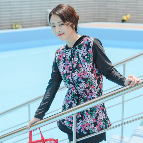 조이마담S7104 소국 허리끈 후드 래쉬가드 상의 50대60대중년여성 빅사이즈수영복 - 상세 이미지 3