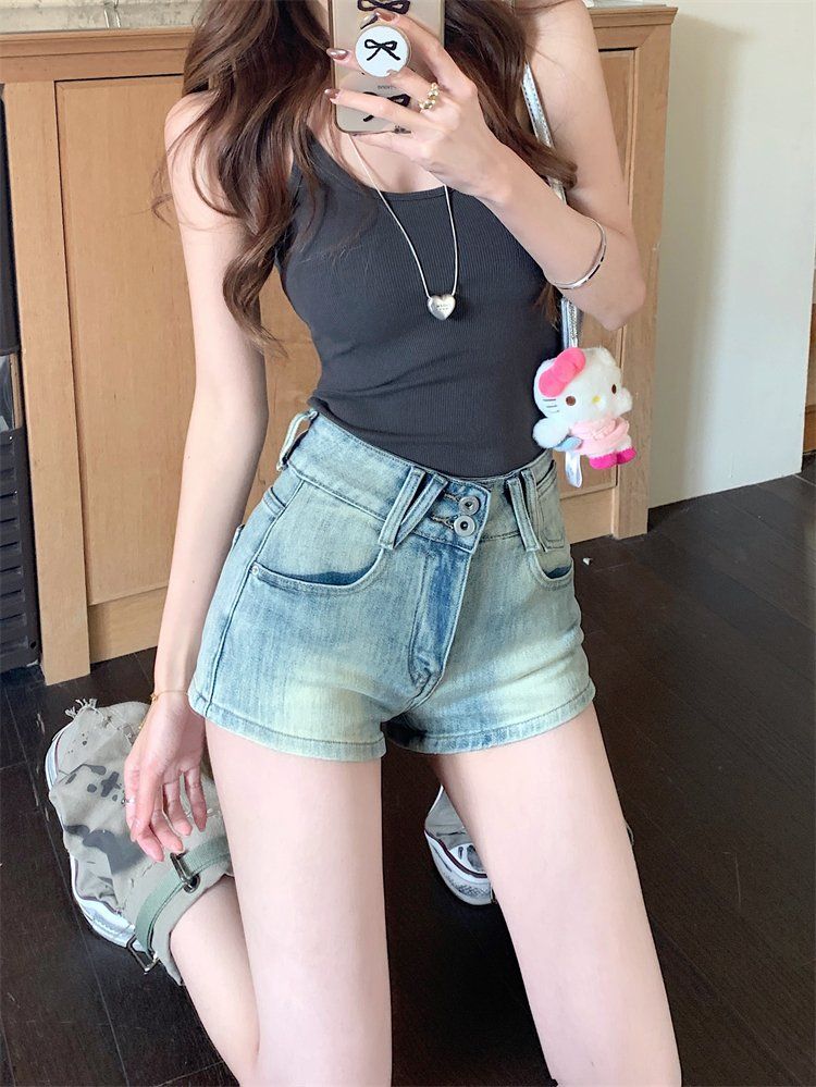 봄 여름 여성 데일리 하이웨스트 데님 핫팬츠 투버튼 슬림핏 코튼 워싱 블랙 블루 - 상세 이미지 4