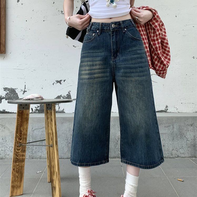 봄 여름 여성 캐주얼 하이웨스트 7부 와이드 데님 팬츠 빈티지 워싱 코튼 통바지 블루