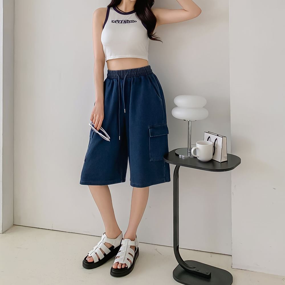 여성 버뮤다 청반바지 고무줄 밴딩 청바지 5부 통바지 건빵 팬츠 - 상세 이미지 3