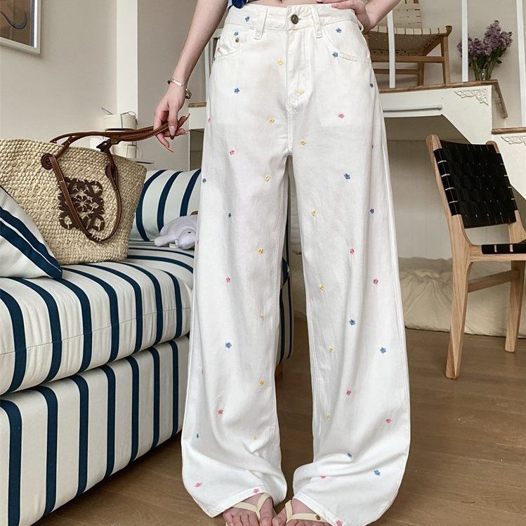 봄 여름 여성 데일리 하이웨스트 플라워 자수 와이드 롱 코튼 팬츠 화이트 - 상품 이미지
