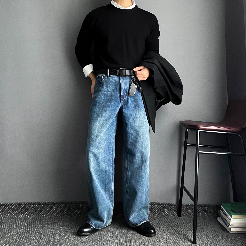 남자와이드청바지 남자흑청바지 통청바지 이미지 3