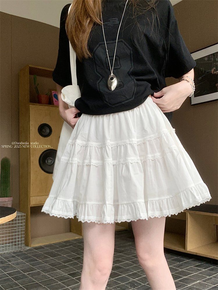 봄 여름 여성 데일리 레이스 캉캉 미니 스커트 팬츠 하이웨스트 A라인 러플 치마바지 화이트 - 상세 이미지 4