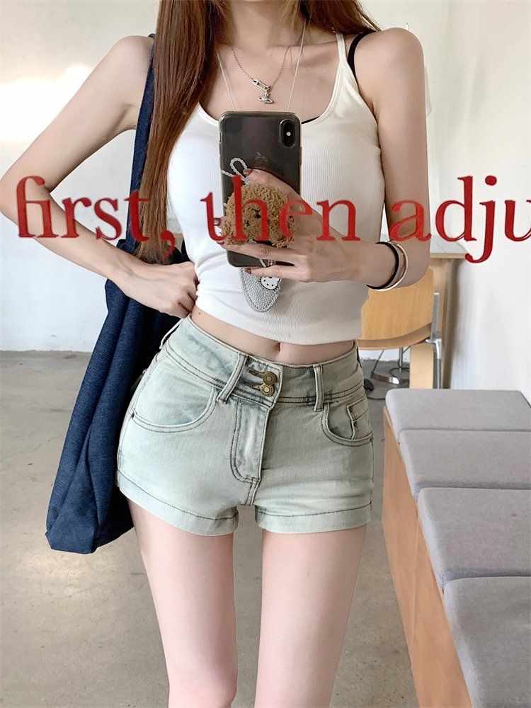 봄 여름 여성 하이웨스트 투버튼 플랩포켓 데님 숏팬츠 코튼 핫팬츠 라이트블루 화이트 - 상세 이미지 3