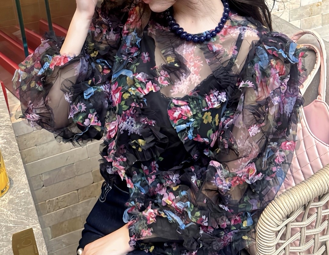 플라워블라우스 프릴 여름 시스루긴팔블라우스 섹시 망사이너 여신핏 여자여자몰 이미지 6