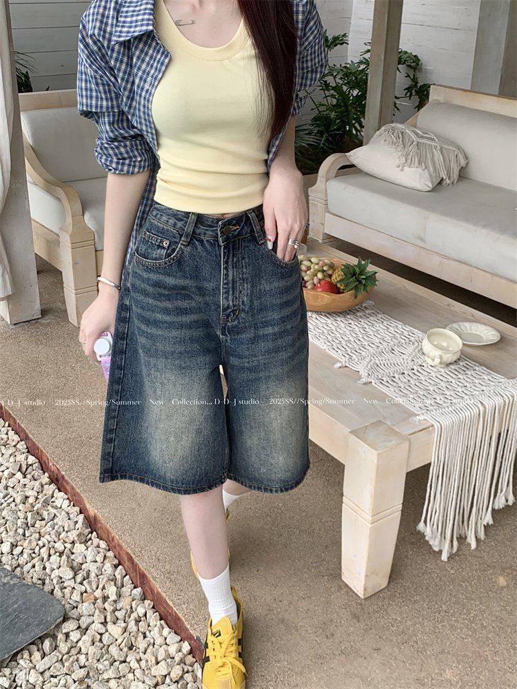 봄 여름 여성 캐주얼 와이드핏 5부 코튼 데님 빈티지 워싱 반바지 하이웨스트 블루 - 상세 이미지 2